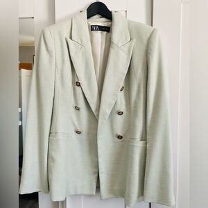 Zara Women's Double-Breasted Peak Lapel Blazer Light Green Lined Tailored Size S